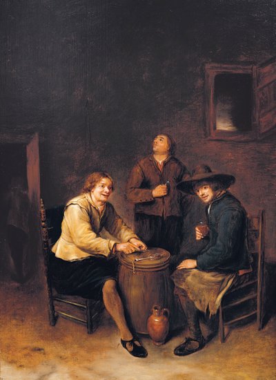 Interior de una taberna con tres campesinos festejando de Phillips de Koninck